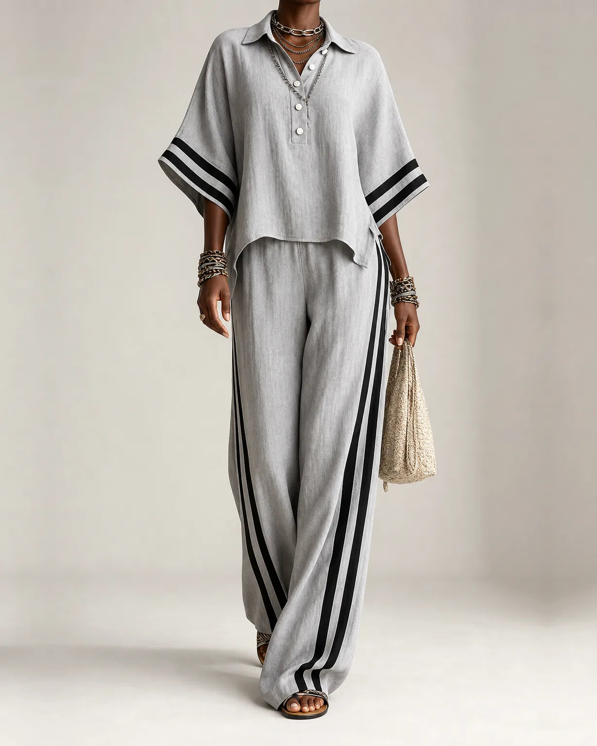 Naima | Polo Collar Top & Side-Stripe Wide-Leg Set