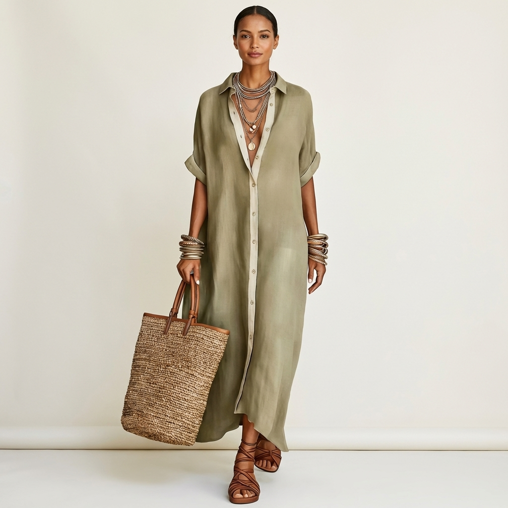 Kamira | Contrast-Collar Button-Front Short-Sleeve Maxi Shirt Dress