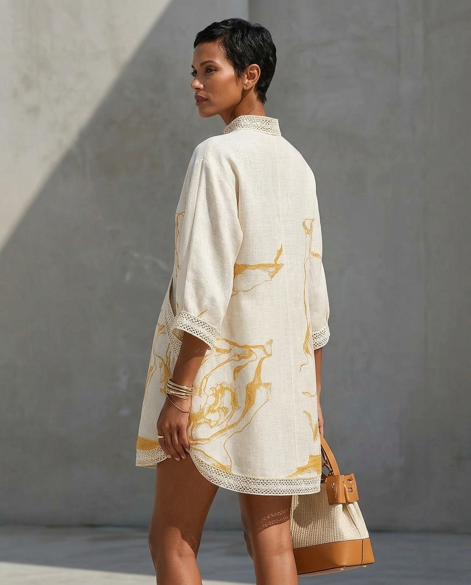 Lunette™ | Linen V-Neck Lace Trim Mini Dress