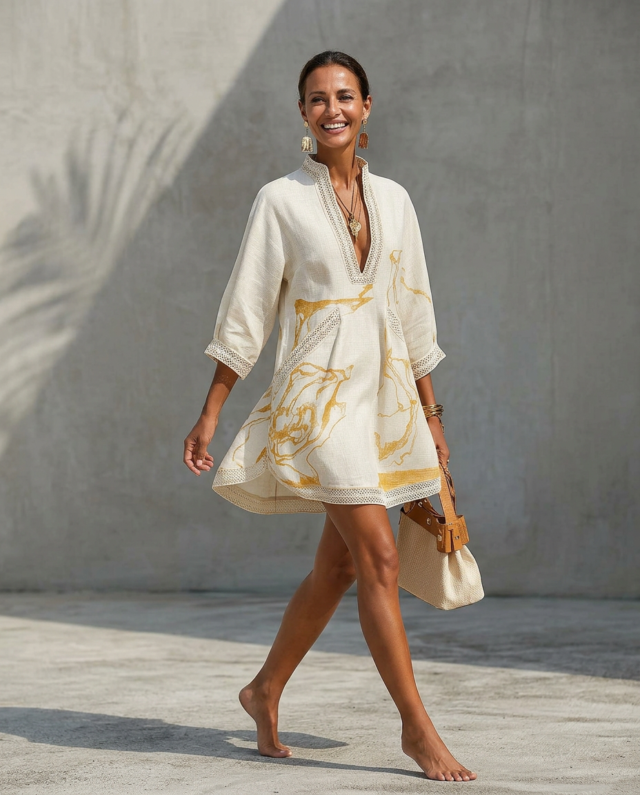 Lunette™ | Linen V-Neck Lace Trim Mini Dress