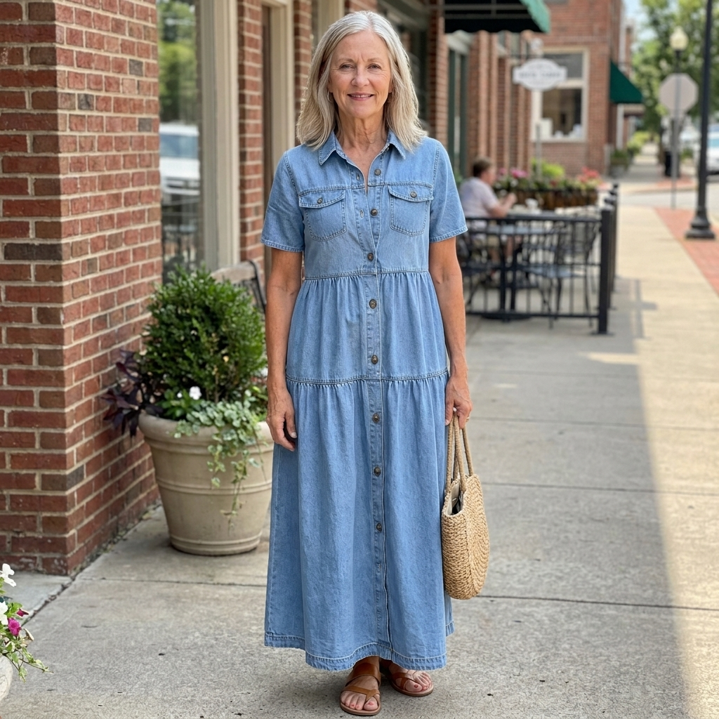 Grace™ | Belly-covering Denim Midi Dress with Buttons