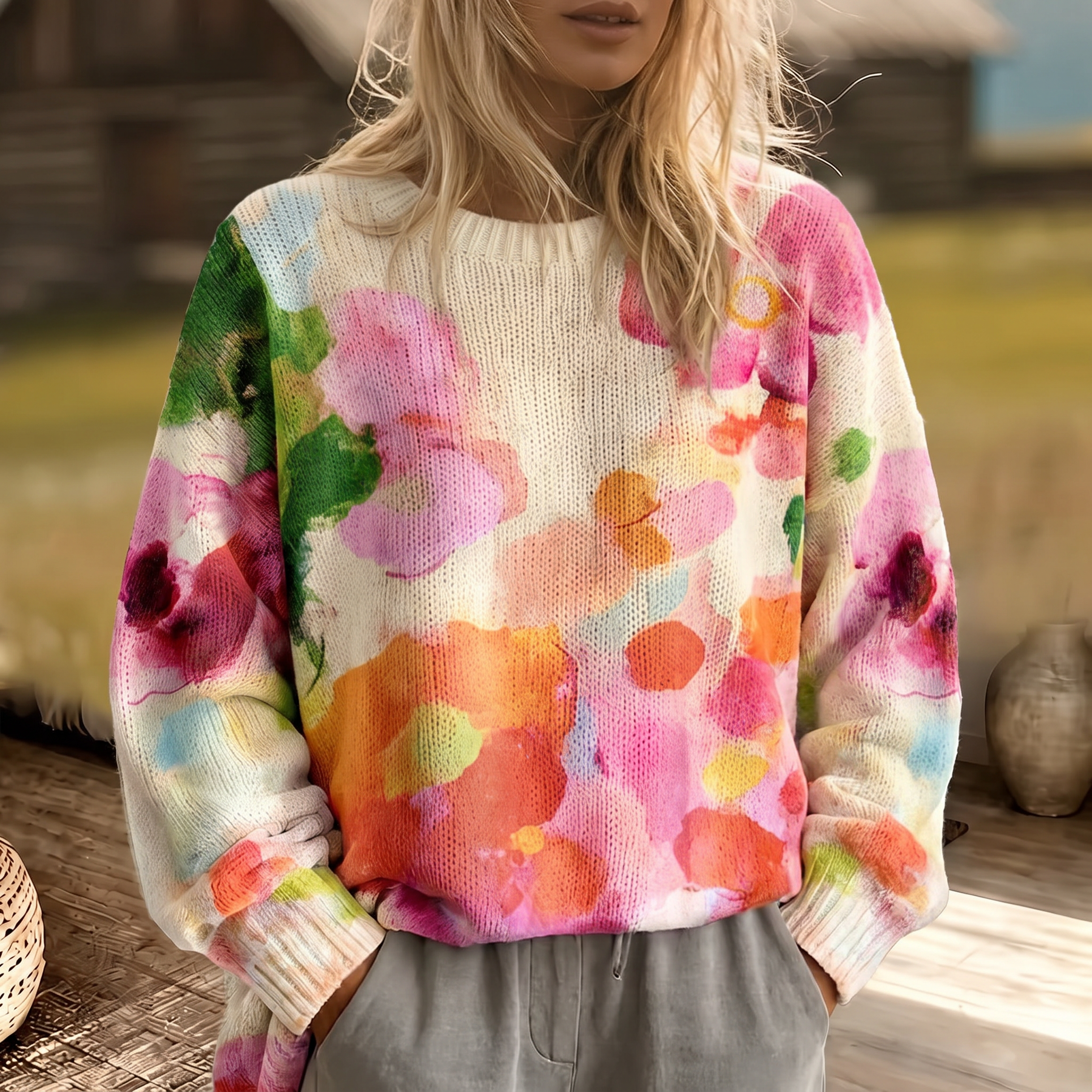 Ferrona | Multicolor Tie-Dye Floral Knit Sweater