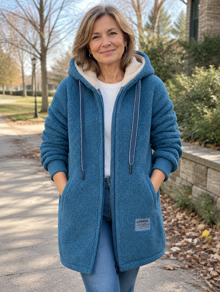 Woman wearing Phoebe cozy fleece hooded jacket, lifestyle photo