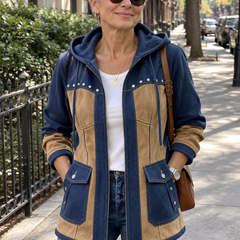 Woman wearing Adriana hooded jacket in navy and camel, lifestyle photo