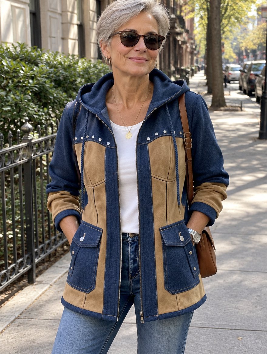 Woman wearing Adriana hooded jacket in navy and camel, lifestyle photo