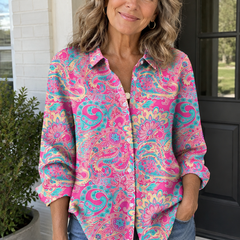 Woman wearing Joanna paisley print button-up blouse, lifestyle photo