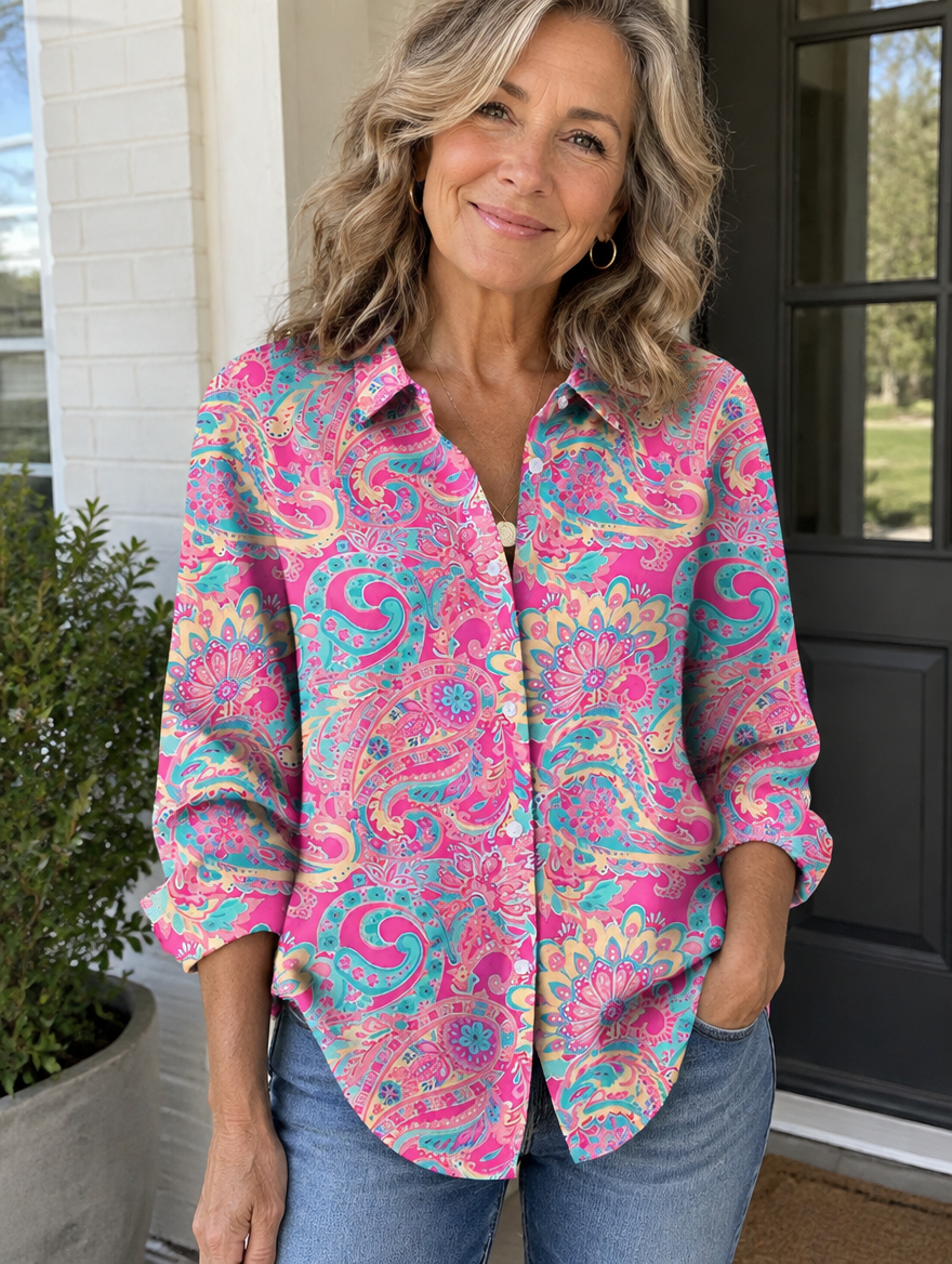 Woman wearing Joanna paisley print button-up blouse, lifestyle photo