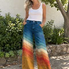 Woman wearing Lea elegant retro zigzag print pants, lifestyle photo