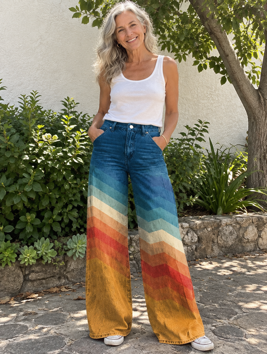 Woman wearing Lea elegant retro zigzag print pants, lifestyle photo