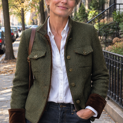 Woman wearing the Evangeline olive herringbone jacket, lifestyle photo