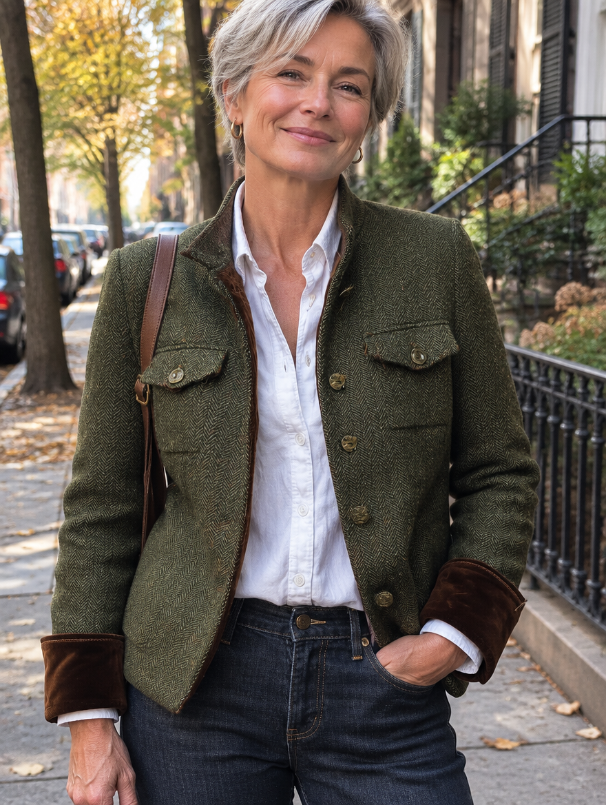 Woman wearing the Evangeline olive herringbone jacket, lifestyle photo