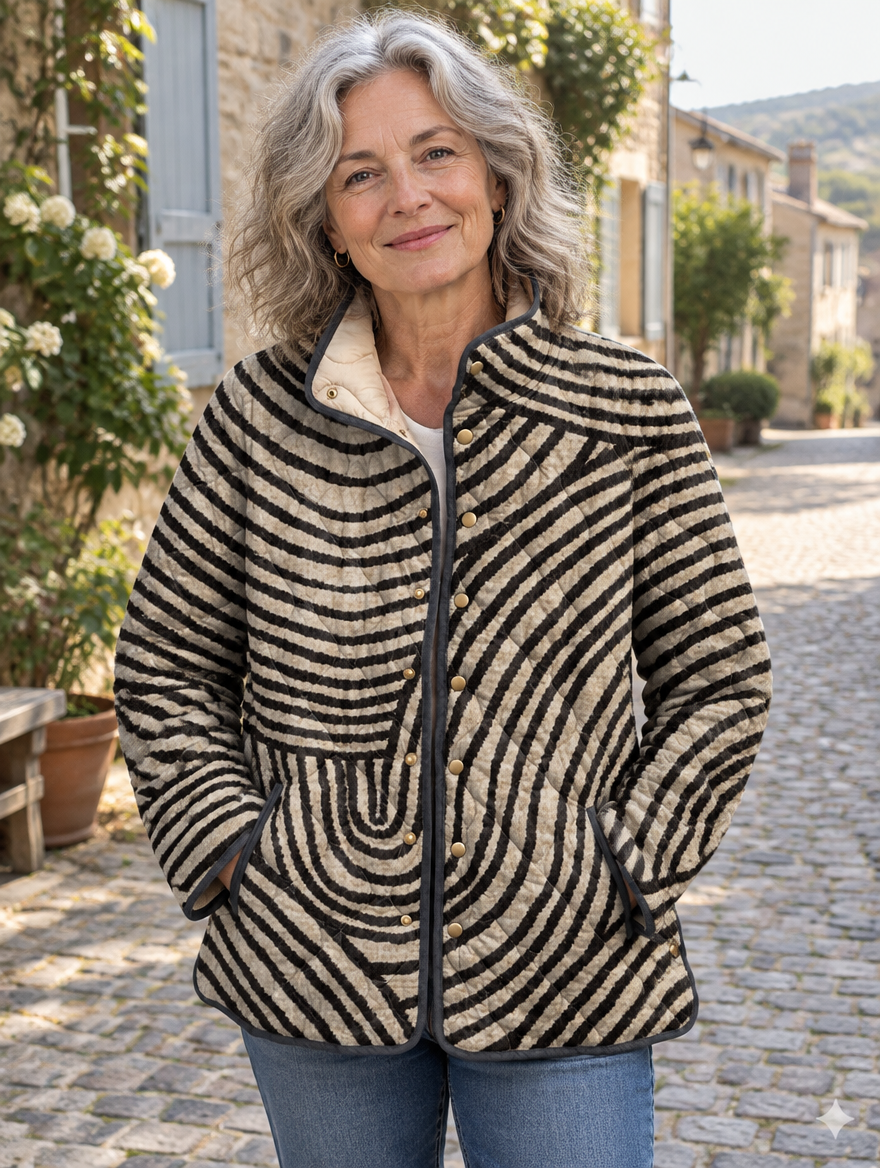 Woman wearing Inaya retro hand-drawn circle design quilted jacket, lifestyle photo