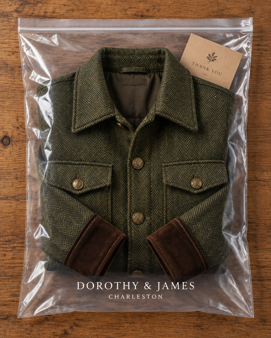 Evangeline jacket in Dorothy and James Charleston branded packaging