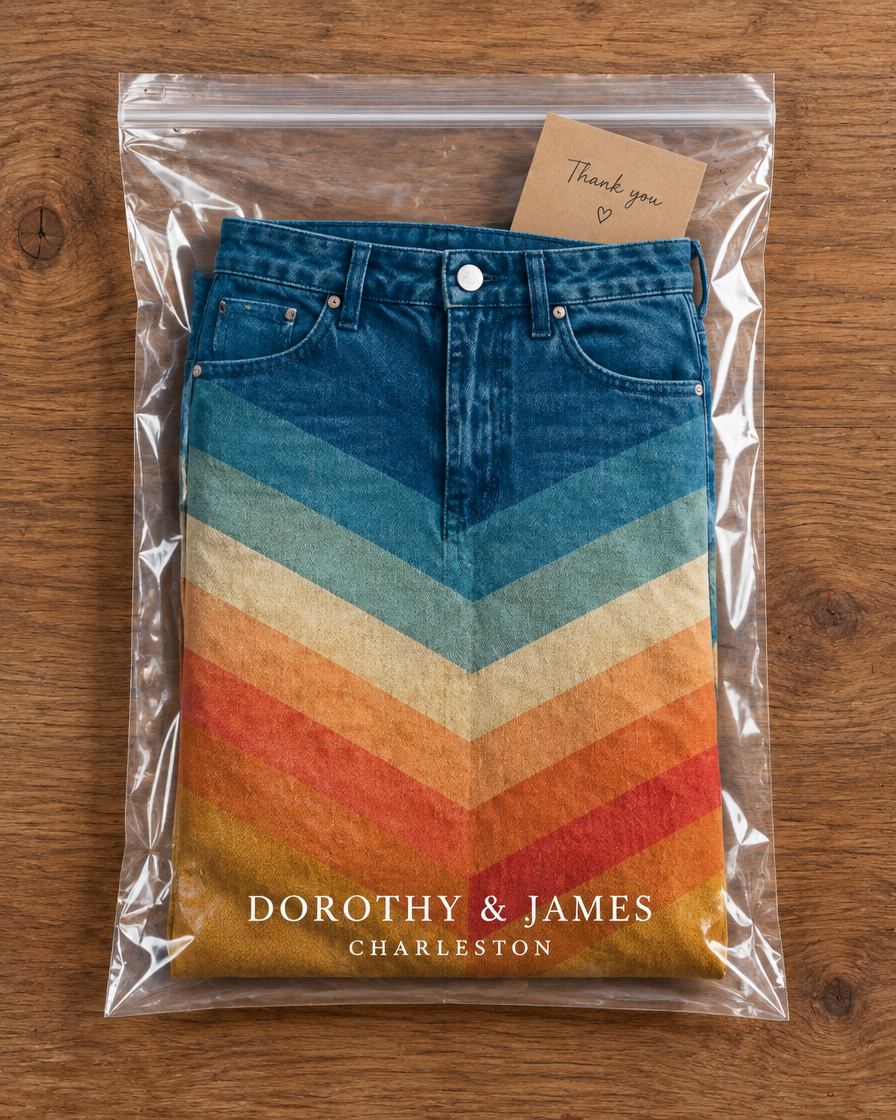 Lea zigzag print pants in Dorothy and James Charleston branded packaging