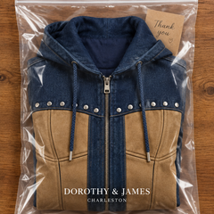 Adriana navy and camel hooded jacket in Dorothy and James Charleston branded packaging