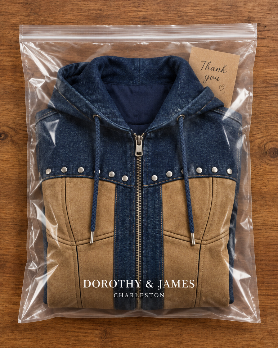 Adriana navy and camel hooded jacket in Dorothy and James Charleston branded packaging