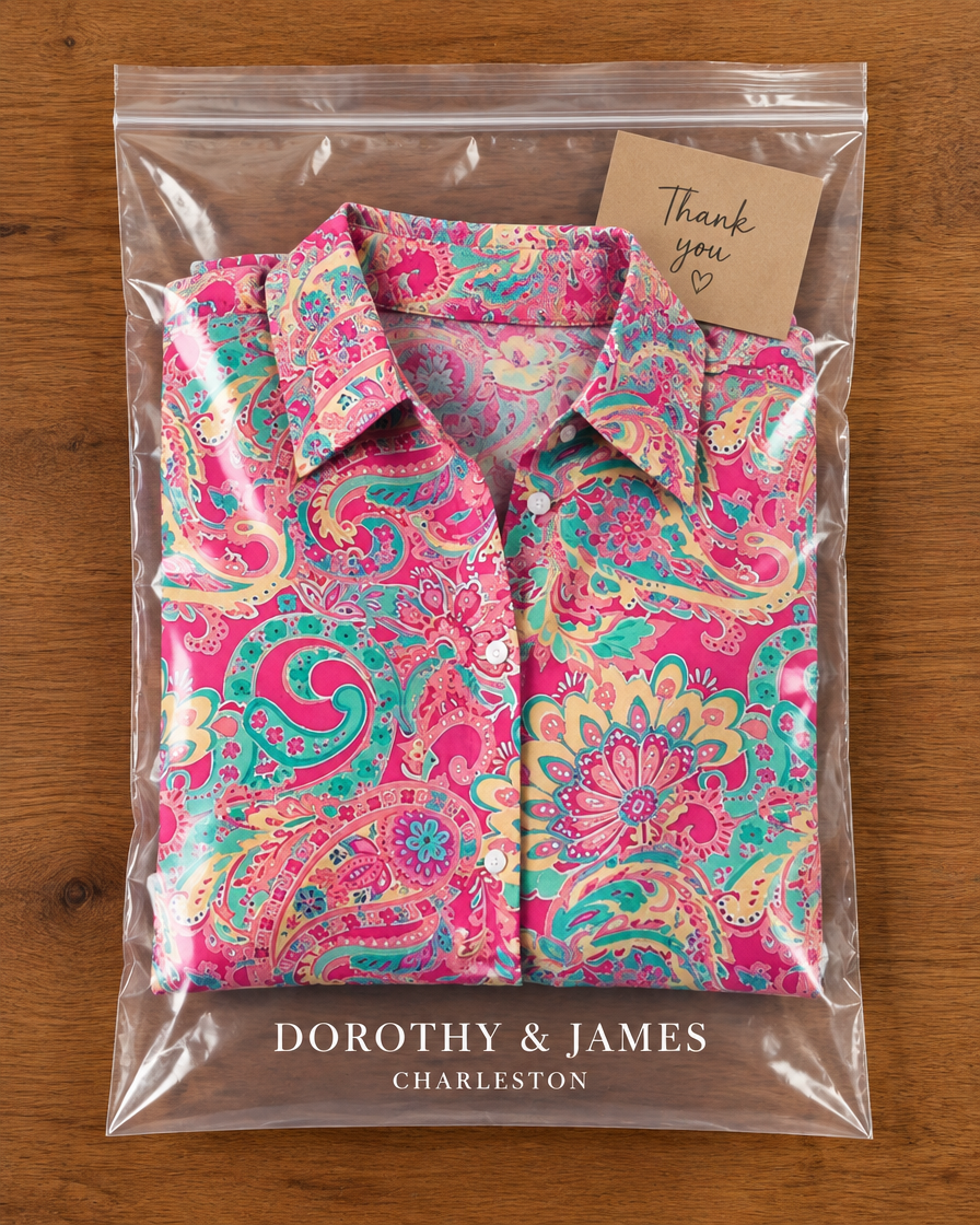 Joanna paisley print blouse in Dorothy and James Charleston branded packaging
