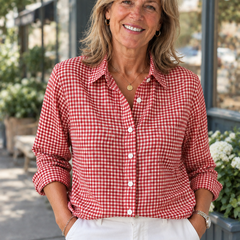 Woman wearing the Dorothy and James Charleston Checkered Button Shirt