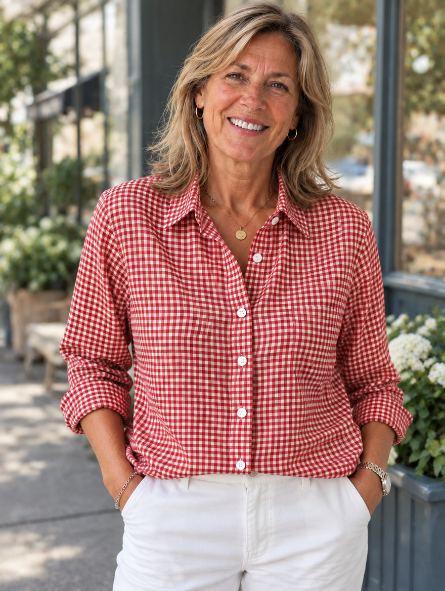 Woman wearing the Dorothy and James Charleston Checkered Button Shirt