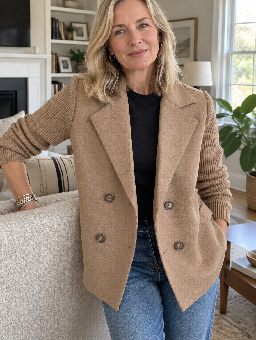 Woman wearing the Dorothy and James Charleston SORELLE Elegant Knit-Sleeve Blazer