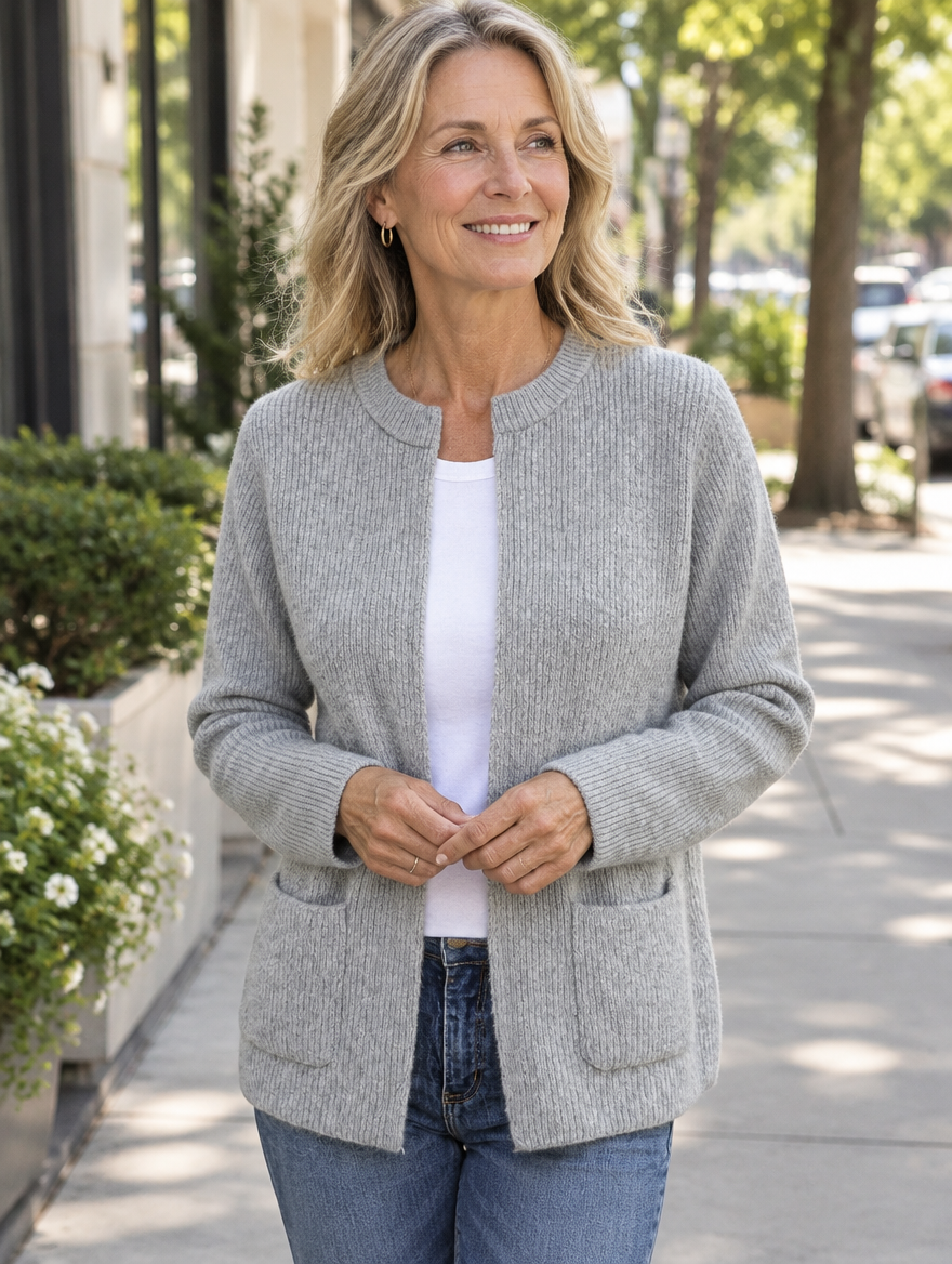 Woman wearing the Dorothy and James Charleston Maeve Cozy Chic Cardigan