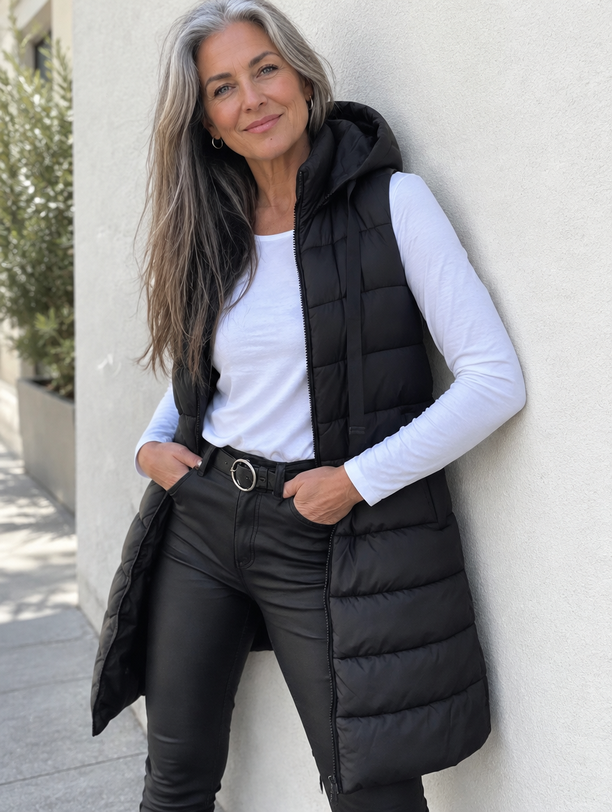 Woman wearing the Dorothy and James Charleston RAIN Puffer Vest