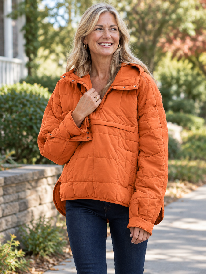 Woman wearing the Dorothy and James Charleston FARRELL Oversized Hooded Pullover Jacket