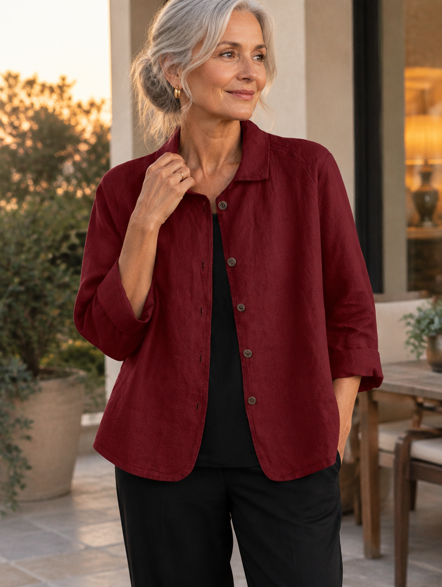 Woman wearing the Dorothy and James Charleston Diane Wine Red Loose Point-Collar Blouse