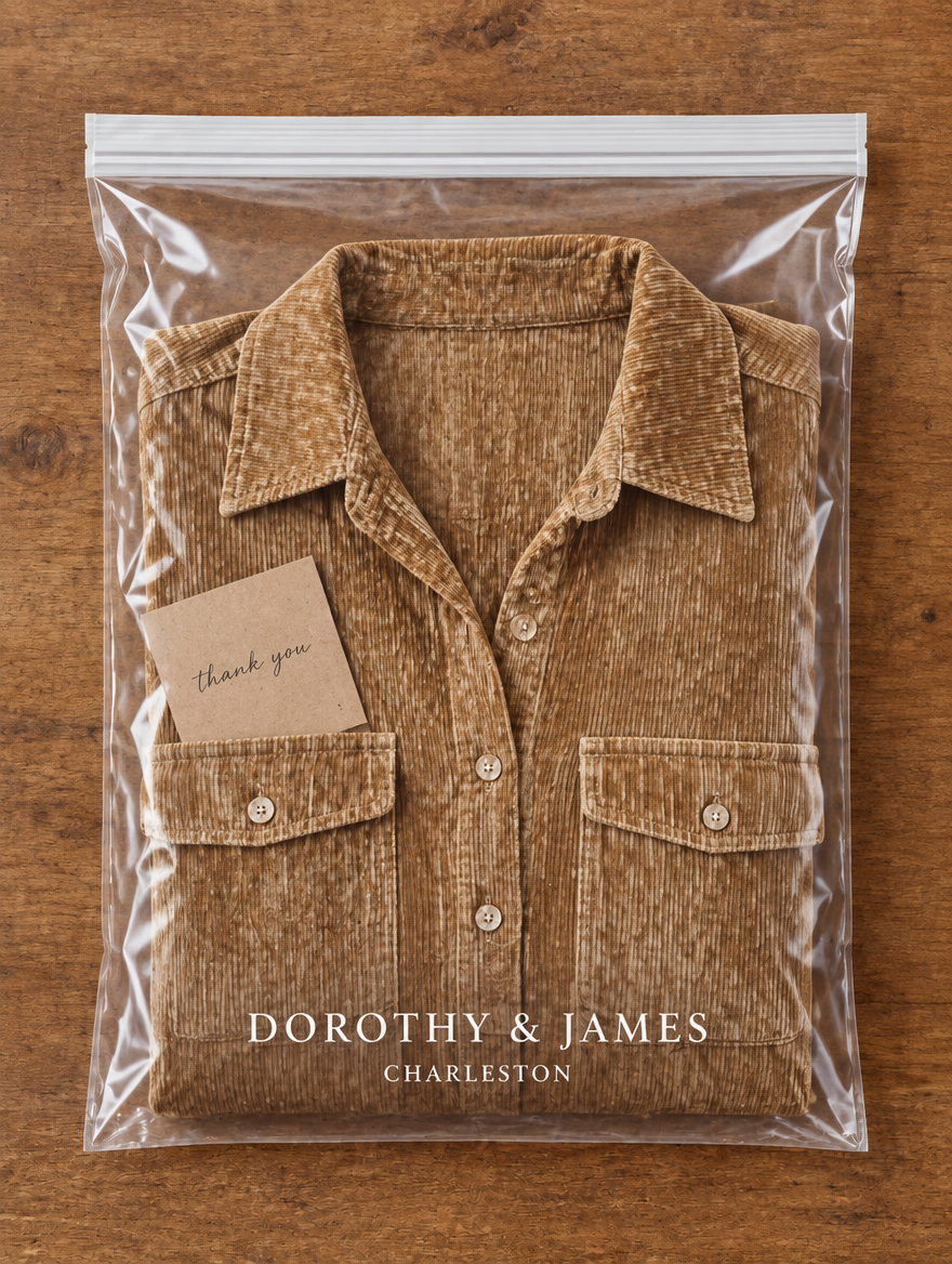 Dorothy and James Charleston packaging for the Beatrice Midi Dress in Corduroy