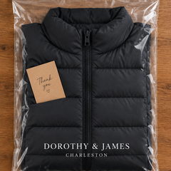 Dorothy and James Charleston packaging for the RAIN Puffer Vest