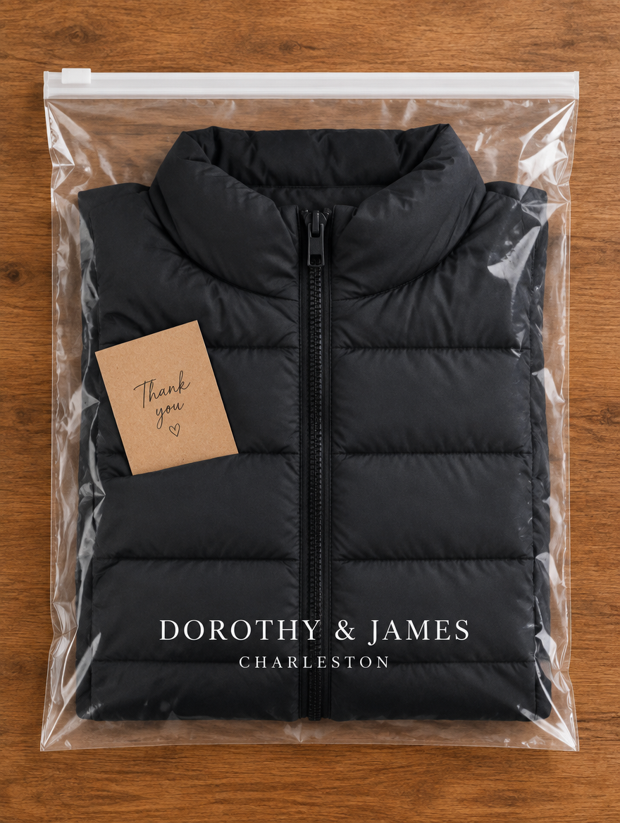 Dorothy and James Charleston packaging for the RAIN Puffer Vest