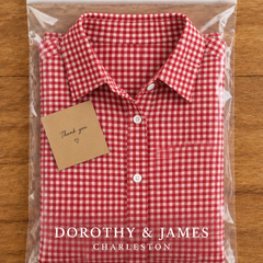 Dorothy and James Charleston packaging for the Checkered Button Shirt