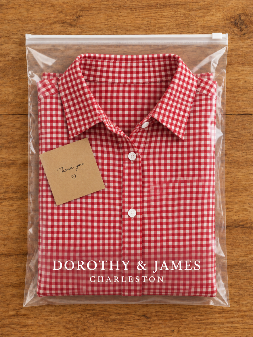 Dorothy and James Charleston packaging for the Checkered Button Shirt