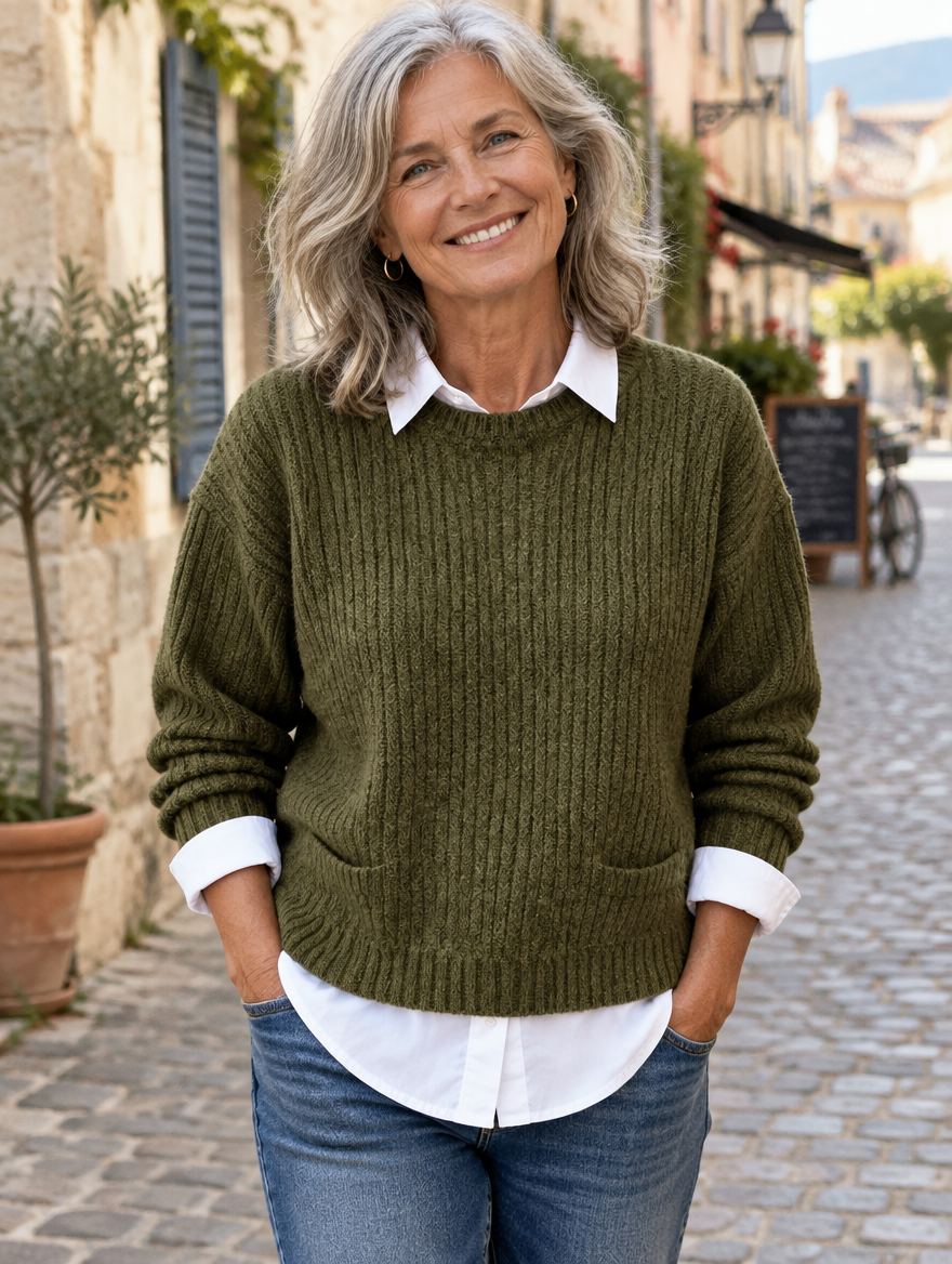 Woman wearing the Dorothy & James Charleston Laluna green knit sweater with white shirt collar