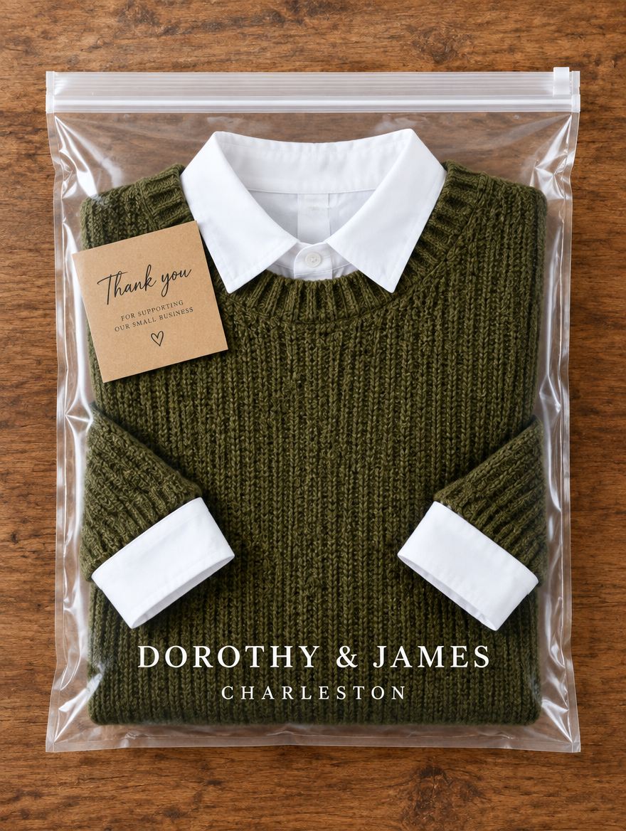 Dorothy & James Charleston packaging for the Laluna green knit sweater