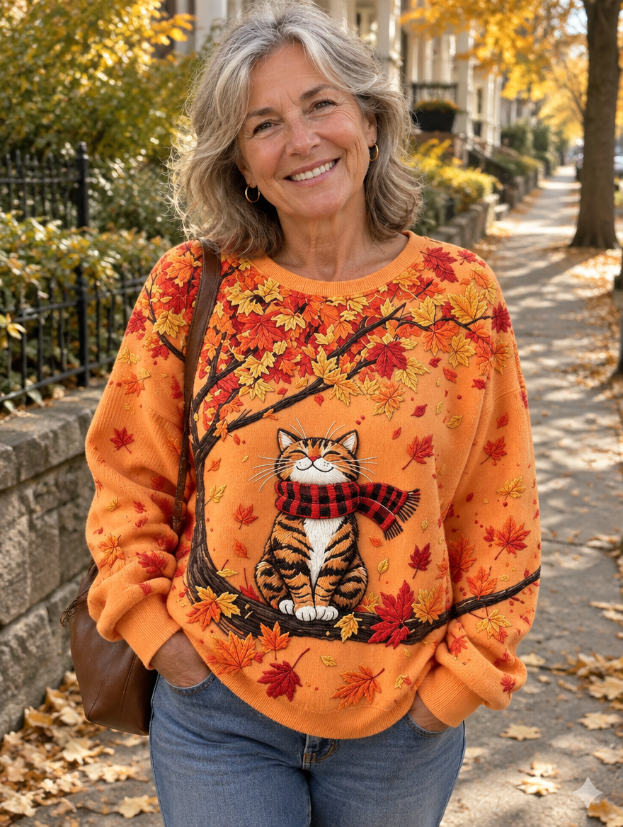 Woman wearing the Dorothy & James Charleston orange cat print sweater with autumn leaves design