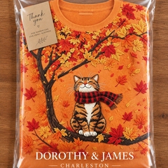 Dorothy & James Charleston packaging for the orange cat print sweater