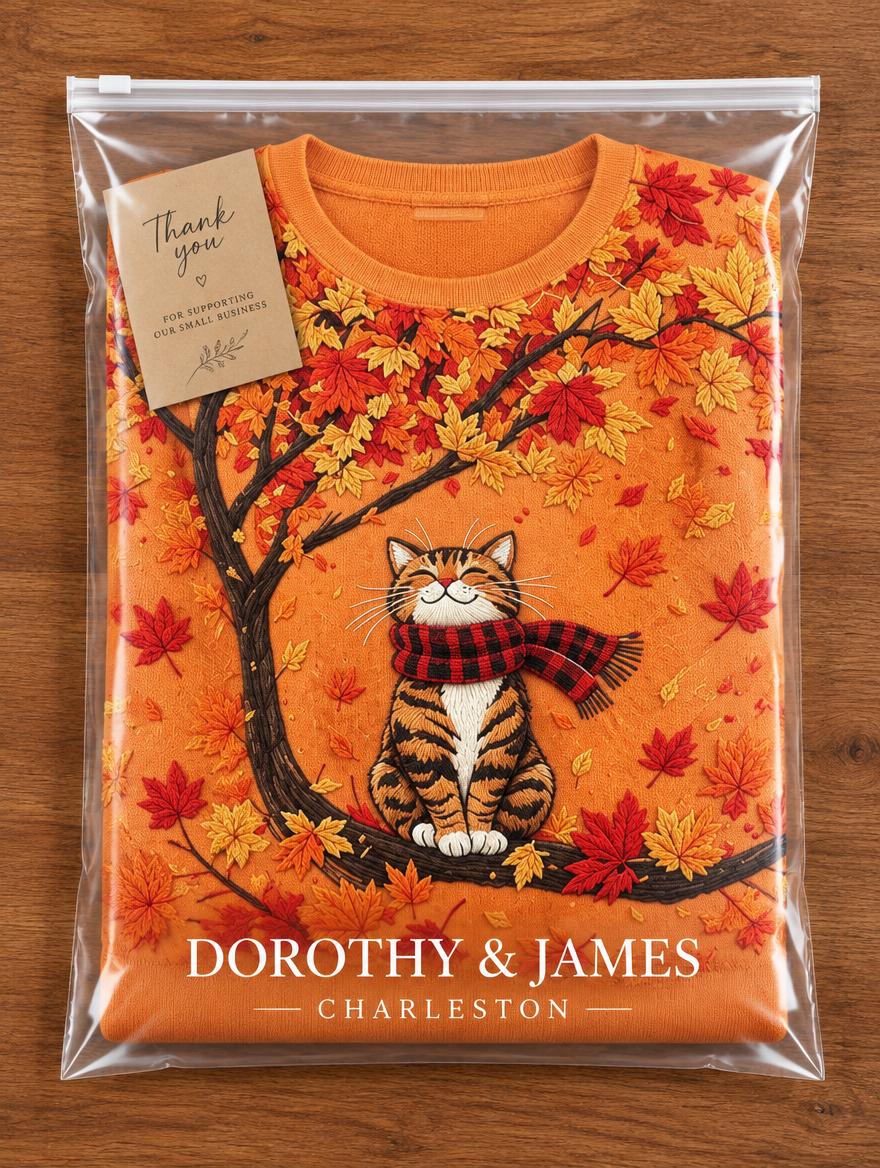 Dorothy & James Charleston packaging for the orange cat print sweater