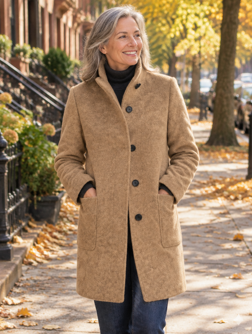Woman wearing the Dorothy & James Charleston Beatrice camel button coat