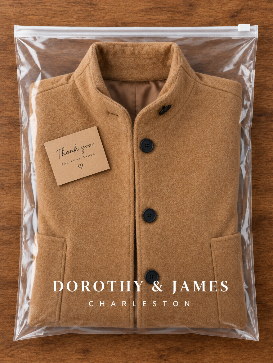 Dorothy & James Charleston packaging for the Beatrice camel button coat