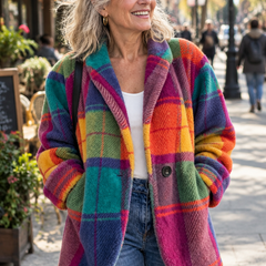 Woman wearing the Dorothy & James Charleston Jenneke rainbow checkered jacket