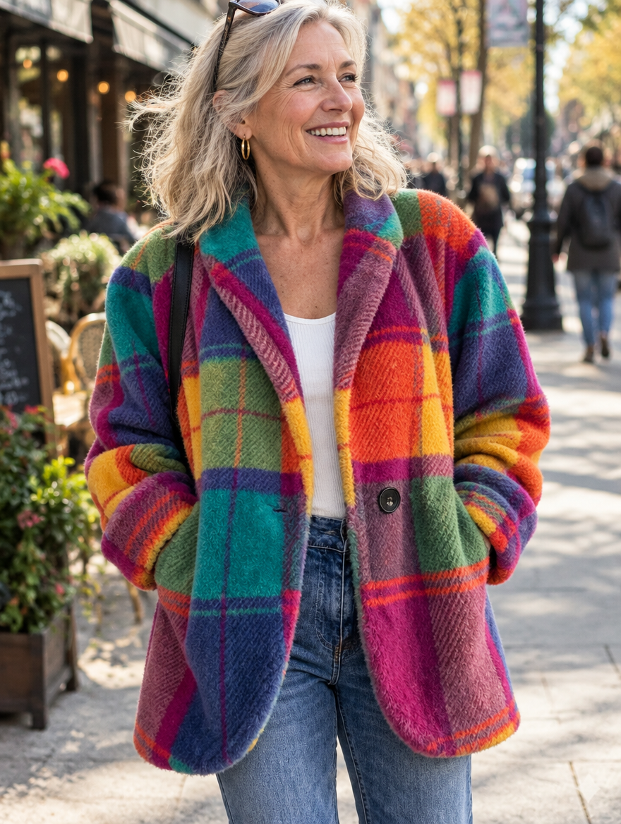 Woman wearing the Dorothy & James Charleston Jenneke rainbow checkered jacket