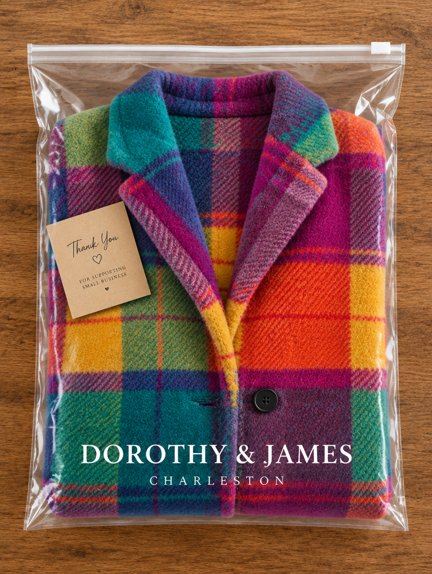 Dorothy & James Charleston packaging for the Jenneke checkered jacket