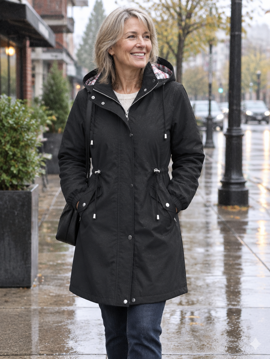 Woman wearing the Dorothy & James Charleston Carlotta black 3-in-1 raincoat