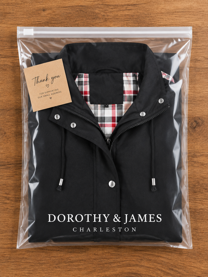 Dorothy & James Charleston packaging for the Carlotta 3-in-1 raincoat