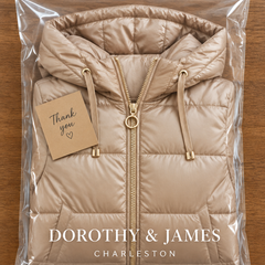 Dorothy & James Charleston packaging for the Mila hooded jacket