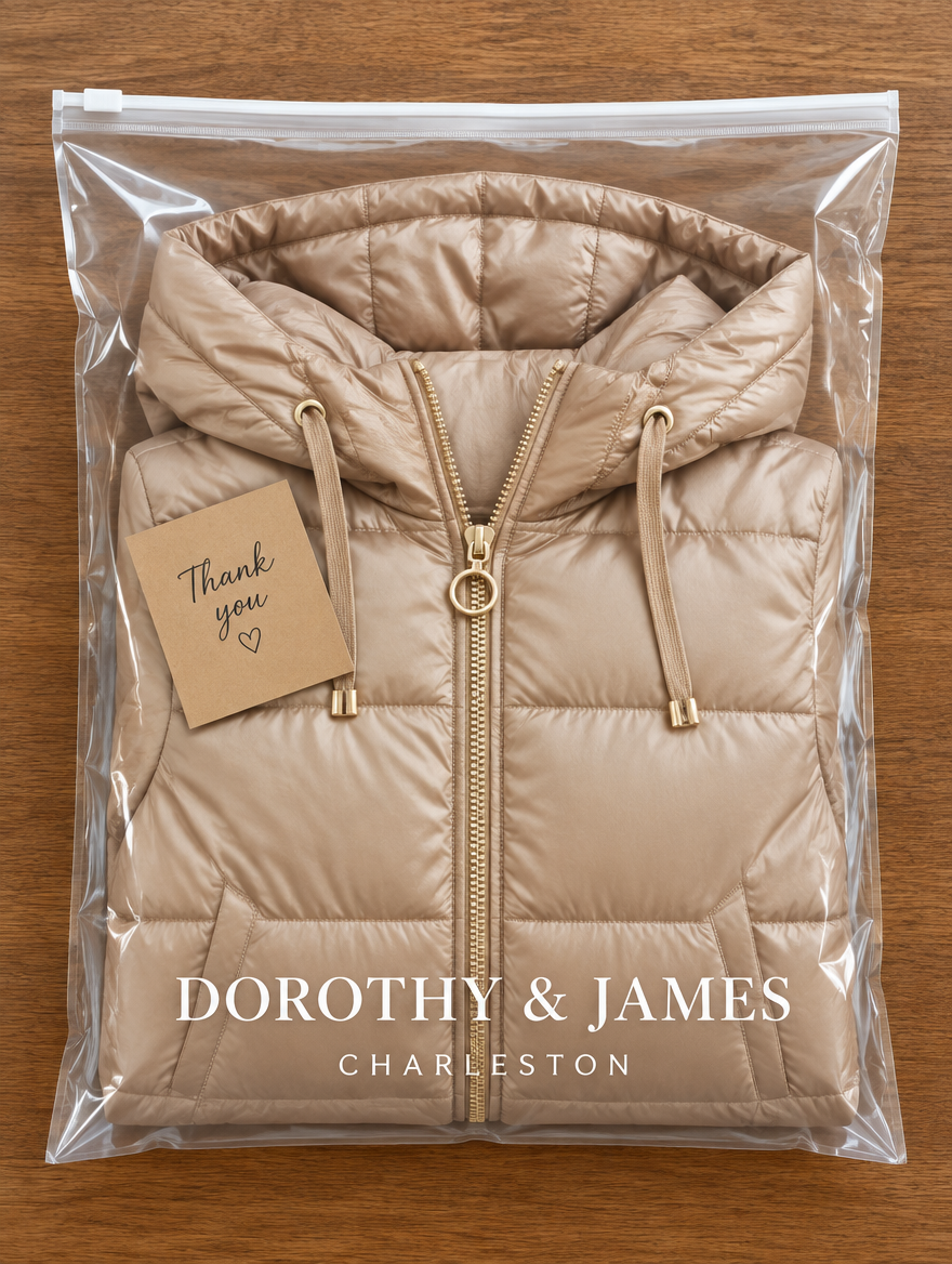 Dorothy & James Charleston packaging for the Mila hooded jacket