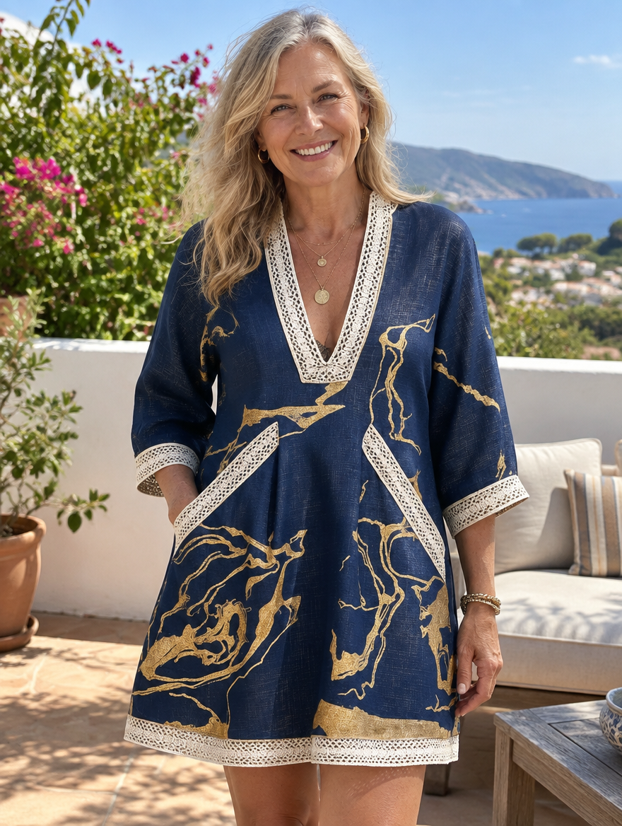 Woman wearing the Dorothy & James Charleston Cosette navy gold mini dress