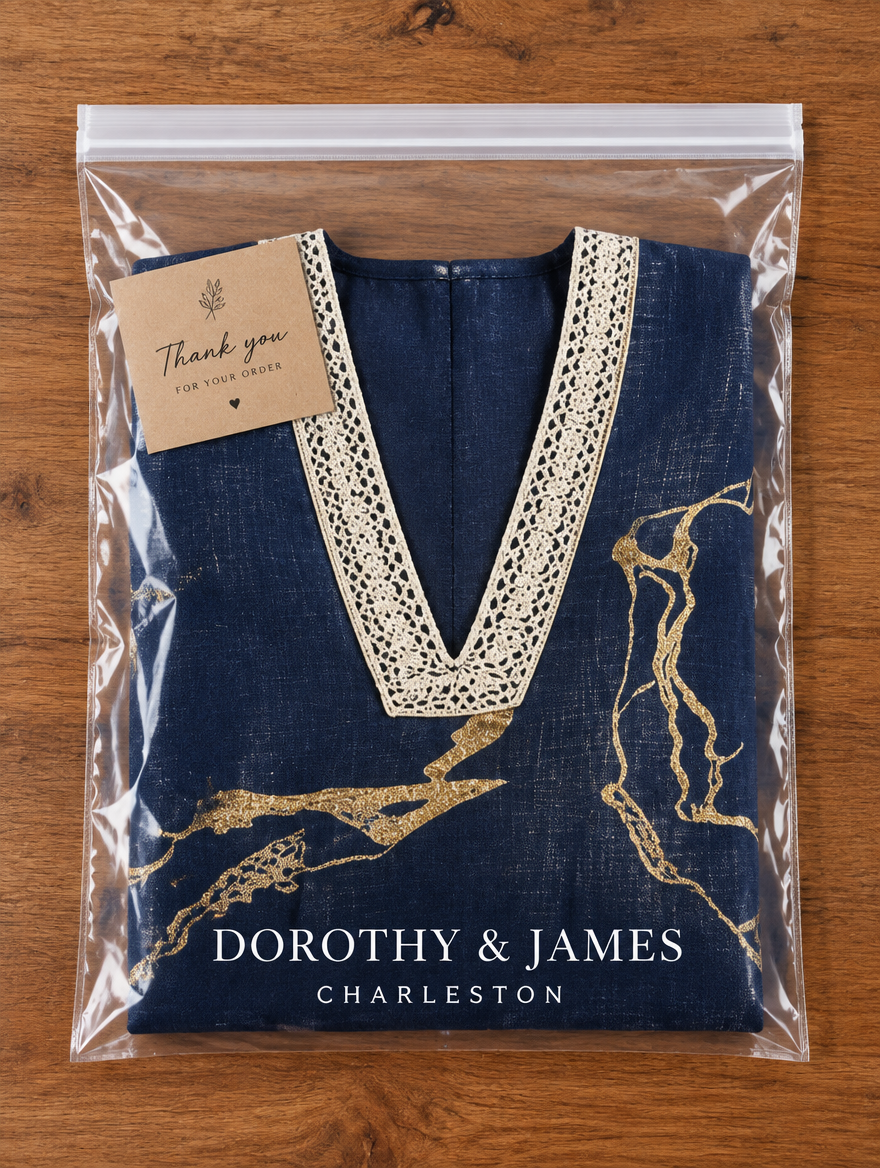 Dorothy & James Charleston packaging for the Cosette navy mini dress