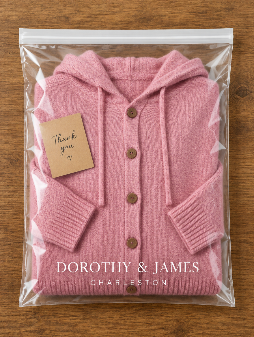 Dorothy & James Charleston packaging for the Goldie hooded button cardigan